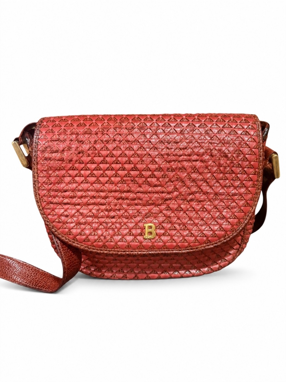 Vintage Bally Woven Calfskin Leather Crossbody Bag Red Made in Italy 1970s